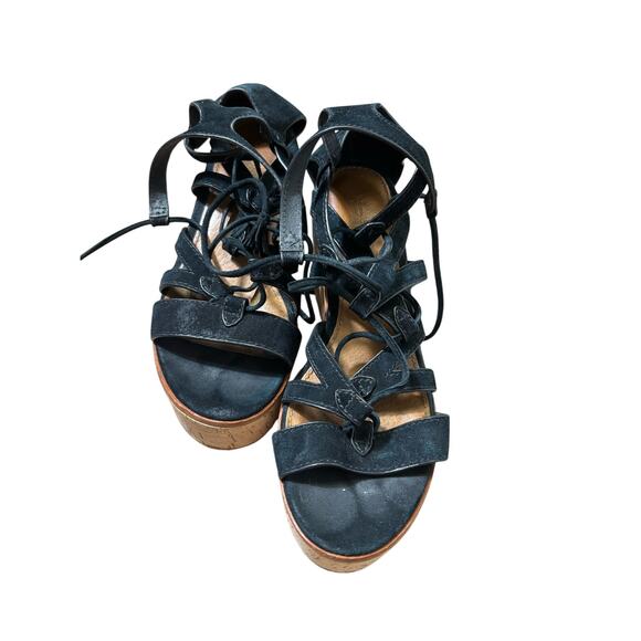 Frye Black Strappy Platform Cork Wedge Sz 8 - Picture 1 of 4